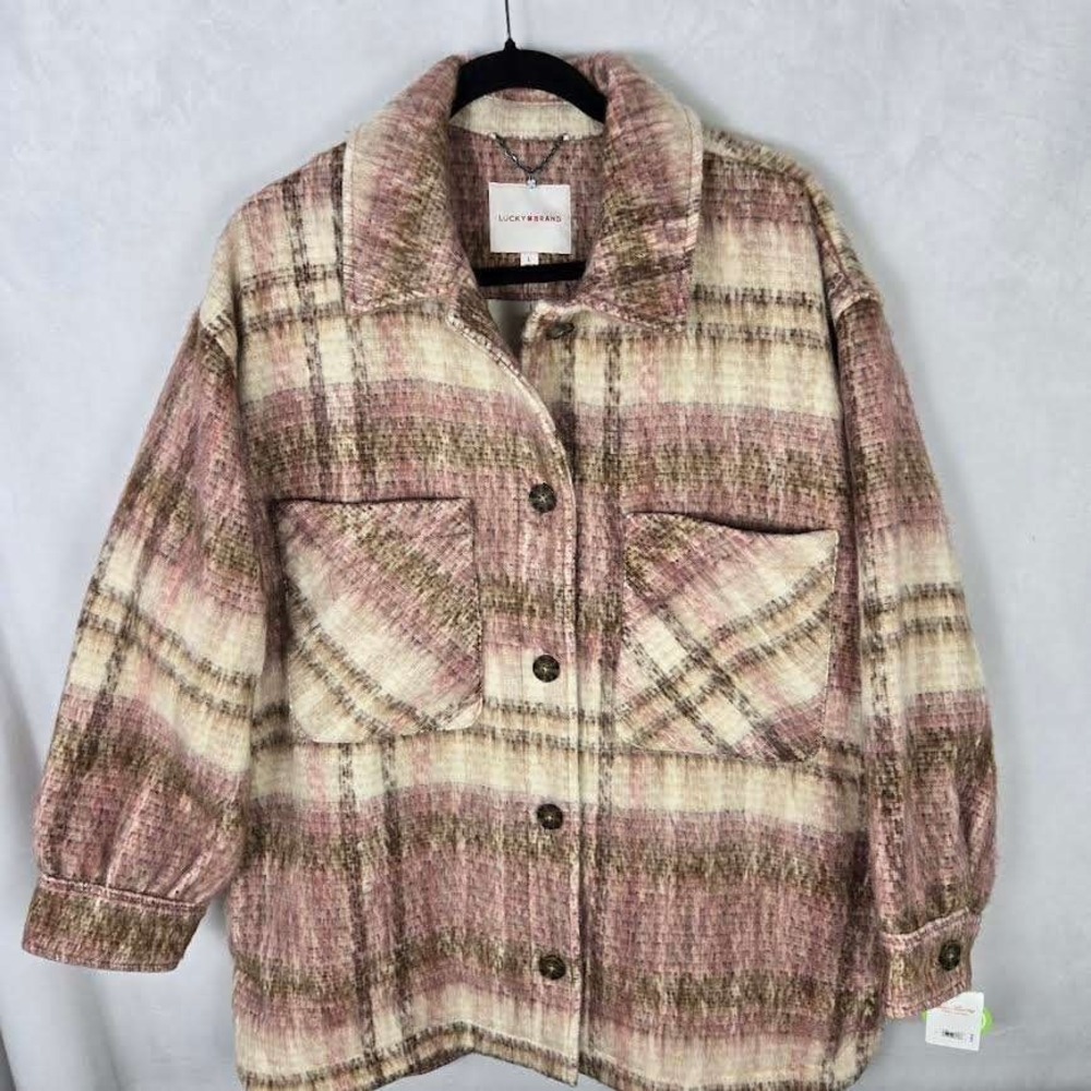 Lucky Brand Pink Brown Plaid Shacket Button Front Jacket L Oversized Lined NEW - Picture 2 of 10
